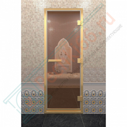Стеклянная дверь для хамама в золотом профиле, бронза 190х80 (по коробке) (DoorWood)