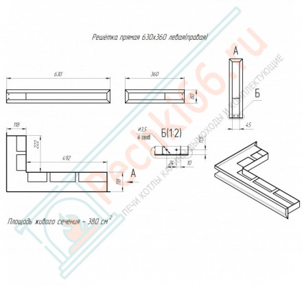 Угловая вентиляционная решетка 630 х 360 (мм) правый угол, белая (Молодой-Урал)