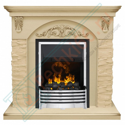 Каминокомплект Bern Сланец крупный бежевый / Алебастр темная патина с очагом Flagstaff