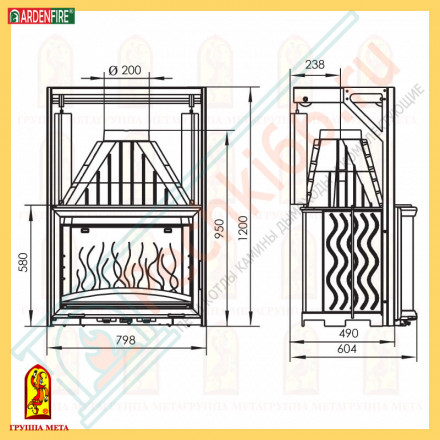 Чугунная топка Панорама 800П, подъемный механизм (Мета) 14 кВт