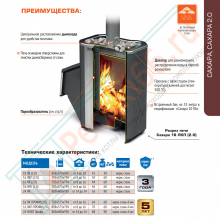 Печь для бани Сахара-10 ЛБ (2.0), с баком 33 л (Теплодар)
